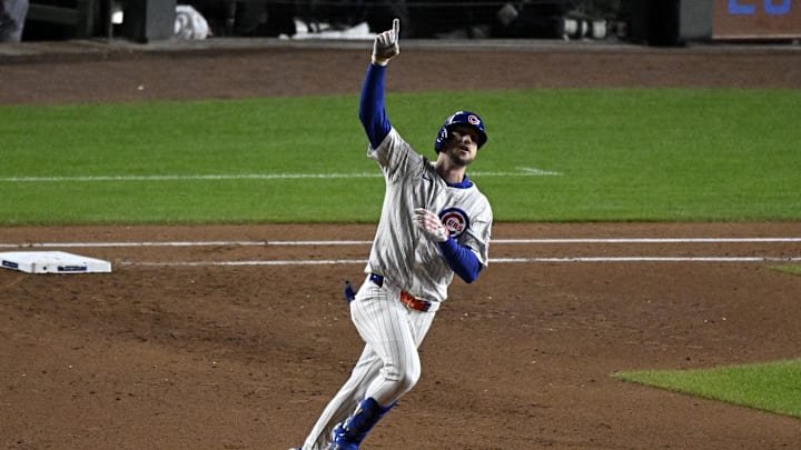 Oct 9, 2025; Chicago, Illinois, USA; Chicago Cubs right fielder Kyle Tucker (30) reacts after hitting a home run against the Milwaukee Brewers during the seventh inning in game four of the NLDS round for the 2025 MLB playoffs at Wrigley Field. Mandatory Credit: Matt Marton-Imagn Images