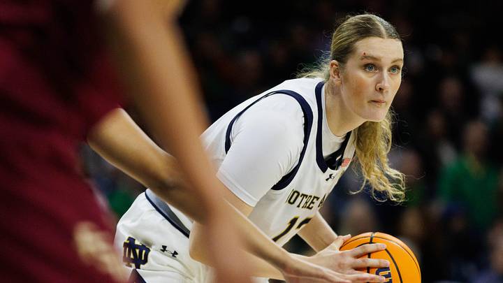 Notre Dame forward Kate Koval looks for an open teammate during a NCAA women's basketball game between No. 3 Notre Dame and No. 24 Florida State at Purcell Pavilion on Thursday, Feb. 27, 2025, in South Bend.