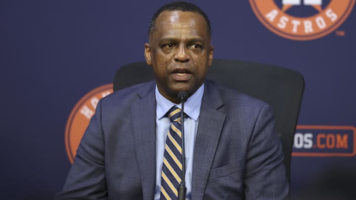 Jan 5, 2026; Houston, TX, USA; Houston Astros general manager Dana Brown speaks at a press conference to introduce Japanese pitcher Tatsuya Imai at Daikin Park. Mandatory Credit: Troy Taormina-Imagn Images