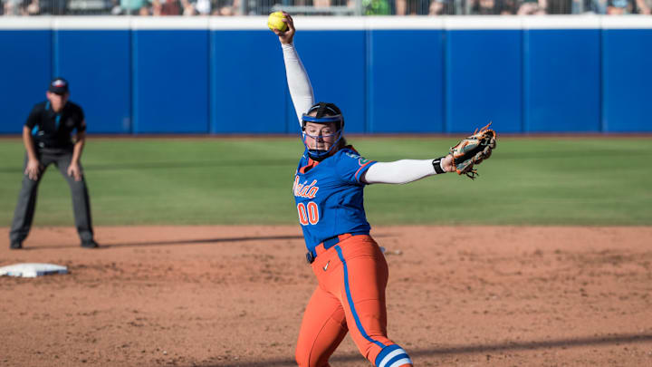 May 30, 2025; Oklahoma City, OK, USA;  Florida Gators pitcher Ava Brown (00) throws a pitch in the second inning against the Tennessee Lady Volunteers during the NCAA Softball Women's College World Series at Devon Park. Mandatory Credit: Brett Rojo-Imagn Images