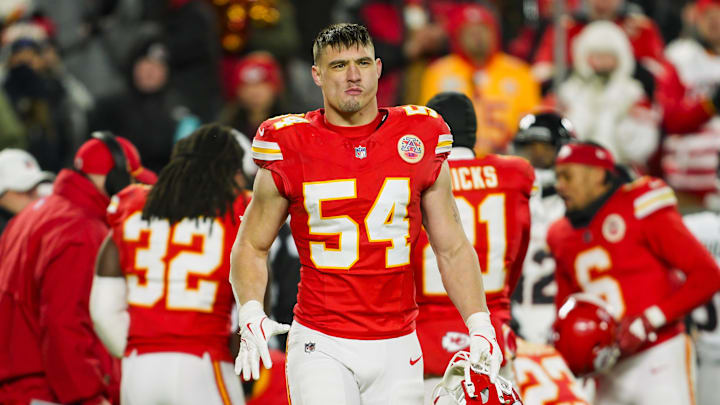 Jan 18, 2025; Kansas City, Missouri, USA; Kansas City Chiefs linebacker Leo Chenal (54) reacts during the second half against Houston Texans in a 2025 AFC divisional round game at GEHA Field at Arrowhead Stadium. Mandatory Credit: Jay Biggerstaff-Imagn Images