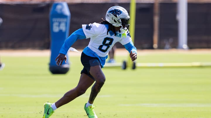 Jul 24, 2025; Charlotte, NC, USA; Carolina Panthers cornerback Jaycee Horn (8) runs drills during training camp. Mandatory Credit: Scott Kinser-Imagn Images