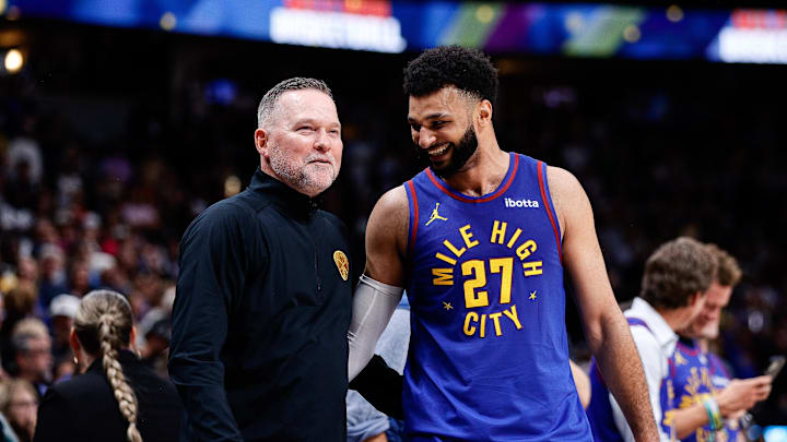 Oct 24, 2023; Denver, Colorado, USA; Denver Nuggets head coach Michael Malone and guard Jamal Murray (27) in the fourth quarter against the Los Angeles Lakers at Ball Arena. Mandatory Credit: Isaiah J. Downing-Imagn Images