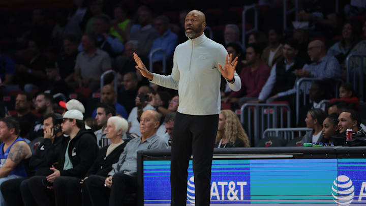 Jan 27, 2025; Miami, Florida, USA; Orlando Magic head coach Jamahl Mosley reacts from the sideline against the Miami Heat during the first quarter at Kaseya Center. Mandatory Credit: Sam Navarro-Imagn Images