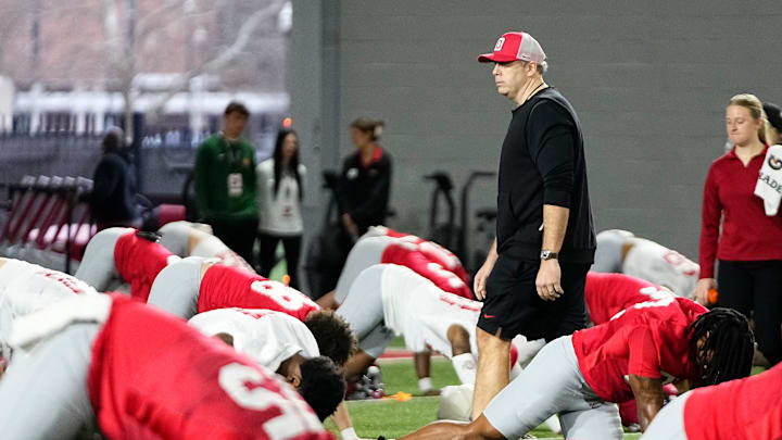 Ohio State Buckeyes offensive coordinator Arthur Smith watches during the first day of spring workouts for the 2026 football season at Woody Hayes Athletic Complex in Columbus on March 10, 2026.