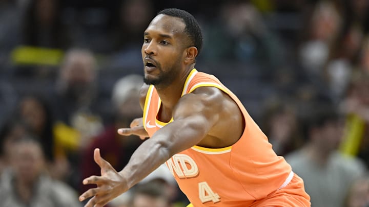 Jan 26, 2026; Cleveland, Ohio, USA; Cleveland Cavaliers center Evan Mobley (4) stands on the court in the third quarter against the Orlando Magic at Rocket Arena. Mandatory Credit: David Richard-Imagn Images
