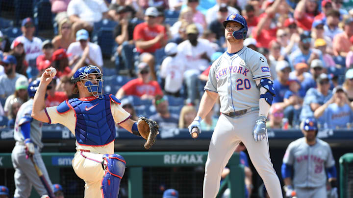 Sep 15, 2024; Philadelphia, Pennsylvania, USA; New York Mets first base Pete Alonso (20) reacts after being called out on strikes during the first inning against the Philadelphia Phillies at Citizens Bank Park. Mandatory Credit: Eric Hartline-Imagn Images