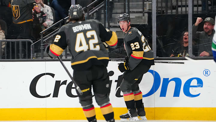 Feb 4, 2026; Las Vegas, Nevada, USA; Vegas Golden Knights left wing Cole Reinhardt (23) celebrates with Vegas Golden Knights right wing Braeden Bowman (42) after scoring a goal against the Vancouver Canucks during the second period at T-Mobile Arena. Mandatory Credit: Stephen R. Sylvanie-Imagn Images Feb 4, 2026; Las Vegas, Nevada, USA; Vegas Golden Knights left wing Cole Reinhardt (23) celebrates with Vegas Golden Knights right wing Braeden Bowman (42) after scoring a goal against the Vancouver Canucks during the second period at T-Mobile Arena. Mandatory Credit: Stephen R. Sylvanie-Imagn Images