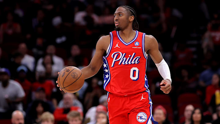 Apr 9, 2026; Houston, Texas, USA; Philadelphia 76ers guard Tyrese Maxey (0) handles the ball against the Houston Rockets during the fourth quarter at Toyota Center. Mandatory Credit: Erik Williams-Imagn Images
