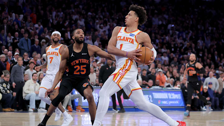 Apr 20, 2026; New York, New York, USA; Atlanta Hawks forward Jalen Johnson (1) drives to the basket against New York Knicks guard Mikal Bridges (25) during the fourth quarter of game two of the first round of the 2026 NBA Playoffs at Madison Square Garden. Mandatory Credit: Brad Penner-Imagn Images