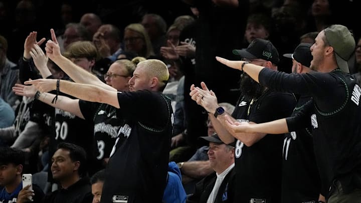 Apr 23, 2026; Minneapolis, Minnesota, USA; Fans cheer the Minnesota Timberwolves as they play the Denver Nuggets in the third quarter at Target Center. Mandatory Credit: Bruce Kluckhohn-Imagn Images