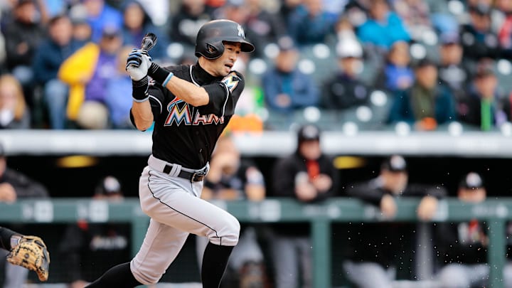 Miami Marlins pinch hitter Ichiro Suzuki (51) bats into an out in the fourth inning against the Colorado Rockies at Coors Field in 2017.