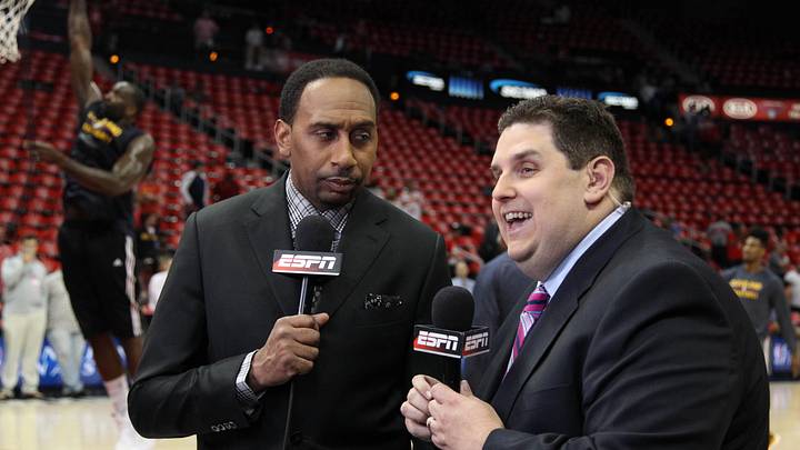 May 22, 2015; Atlanta, GA, USA; ESPN television personality Stephen A. Smith (left) and sportswriter Brian Windhorst (right) prior to game two of the Eastern Conference Finals of the NBA Playoffs between the Atlanta Hawks and the Cleveland Cavaliers at Philips Arena. Mandatory Credit: Brett Davis-Imagn Images May 22, 2015; Atlanta, GA, USA; ESPN television personality Stephen A. Smith (left) and sportswriter Brian Windhorst (right) prior to game two of the Eastern Conference Finals of the NBA Playoffs between the Atlanta Hawks and the Cleveland Cavaliers at Philips Arena. Mandatory Credit: Brett Davis-Imagn Images