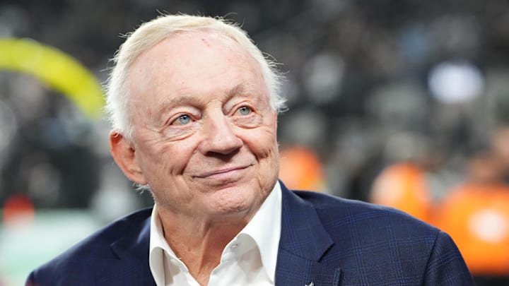 Nov 17, 2025; Paradise, Nevada, USA; Dallas Cowboys owner Jerry Jones during warmups against the Las Vegas Raiders at Allegiant Stadium. Mandatory Credit: Stephen R. Sylvanie-Imagn Images