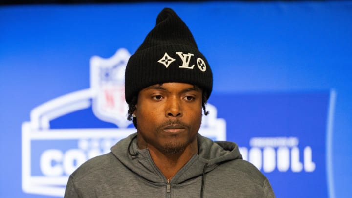 Khyree Jackson speaks at the NFL Scouting Combine in early 2024