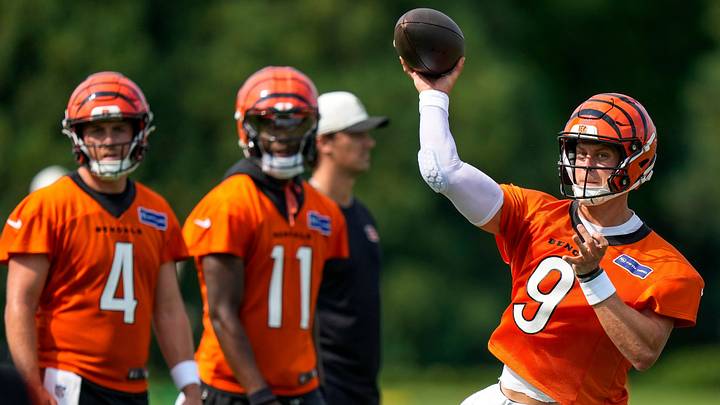 Cincinnati Bengals quarterback Joe Burrow (9) throws a pass during the first day of Cincinnati Bengals training camp at the Paycor Stadium practice facility in downtown Cincinnati on Wednesday, July 29, 2026.