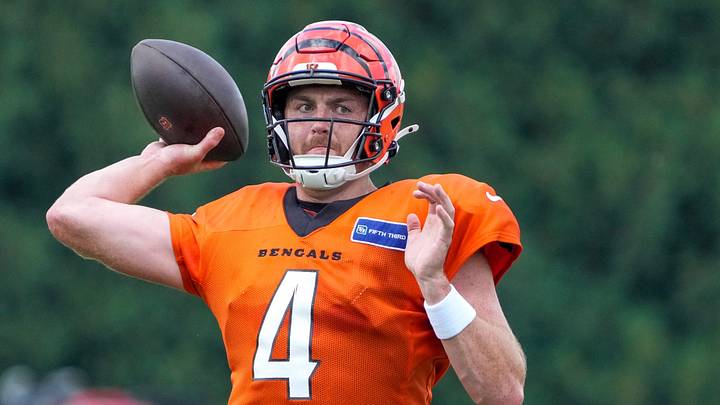Cincinnati Bengals quarterback Sean Clifford (4) throws a pass during practice at the Paycor Stadium practice facility in downtown Cincinnati on Monday, Aug. 3, 2026. Cincinnati Bengals quarterback Sean Clifford (4) throws a pass during practice at the Paycor Stadium practice facility in downtown Cincinnati on Monday, Aug. 3, 2026.