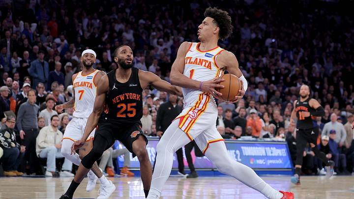 Apr 20, 2026; New York, New York, USA; Atlanta Hawks forward Jalen Johnson (1) drives to the basket against New York Knicks guard Mikal Bridges (25) during the fourth quarter of game two of the first round of the 2026 NBA Playoffs at Madison Square Garden. Mandatory Credit: Brad Penner-Imagn Images Apr 20, 2026; New York, New York, USA; Atlanta Hawks forward Jalen Johnson (1) drives to the basket against New York Knicks guard Mikal Bridges (25) during the fourth quarter of game two of the first round of the 2026 NBA Playoffs at Madison Square Garden. Mandatory Credit: Brad Penner-Imagn Images