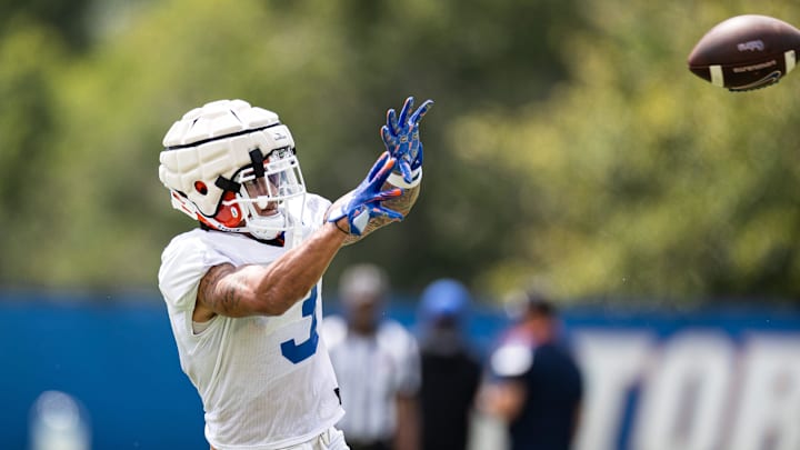 Florida Gators wide receiver Eugene Wilson III (3) catches a pass during fall football practice at Heavener Football Complex at the University of Florida in Gainesville, FL on Thursday, August 1, 2024. [Matt Pendleton/Gainesville Sun]