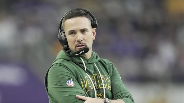 Jan 4, 2026; Minneapolis, Minnesota, USA; Green Bay Packers head coach Matt Lafleur is shown  during the first quarter of their game against the Minnesota Vikings at U.S. Bank Stadium. Mandatory Credit: Mark Hoffman-USA TODAY Network via Imagn Images