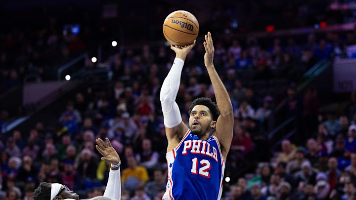 Jan 16, 2024; Philadelphia, Pennsylvania, USA; Philadelphia 76ers forward Tobias Harris (12) shoots.