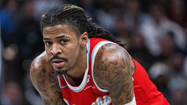 Feb 20, 2025; Indianapolis, Indiana, USA; Memphis Grizzlies guard Ja Morant (12)  in the first half against the Indiana Pacers at Gainbridge Fieldhouse. Mandatory Credit: Trevor Ruszkowski-Imagn Images