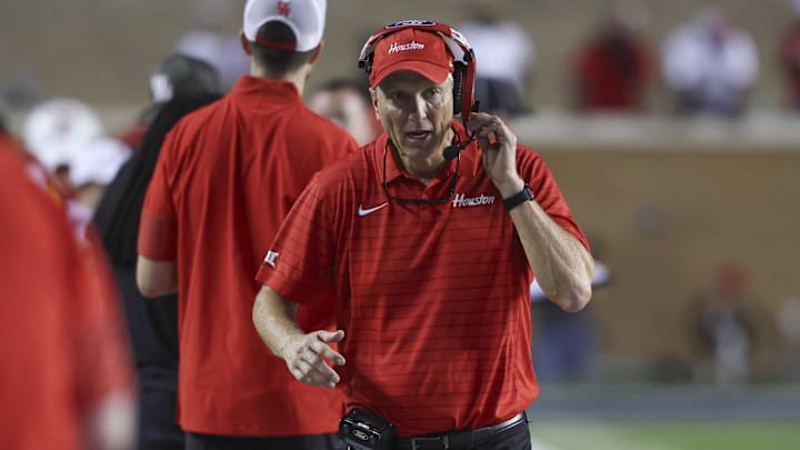 Houston Cougars head coach Willie Fritz walks on the sideline during the fourth quarter against the Rice Owls at Rice Stadium. Houston Cougars head coach Willie Fritz walks on the sideline during the fourth quarter against the Rice Owls at Rice Stadium.