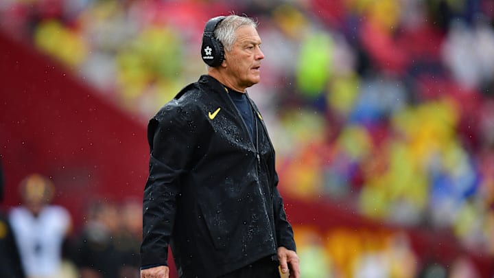 Nov 15, 2025; Los Angeles, California, USA; Iowa Hawkeyes head coach Kirk Ferentz watches game action against the Southern California Trojans during the first half at the Los Angeles Memorial Coliseum. Mandatory Credit: Gary A. Vasquez-Imagn Images
