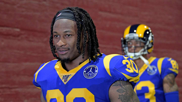 Dec 29, 2019; Los Angeles, California, USA; Los Angeles Rams running back Todd Gurley (30) prior to a game Arizona Cardinals in the final Rams home game at Los Angeles Memorial Coliseum before moving to SoFi Stadium for the 2020 season. Mandatory Credit: Kirby Lee-Imagn Images