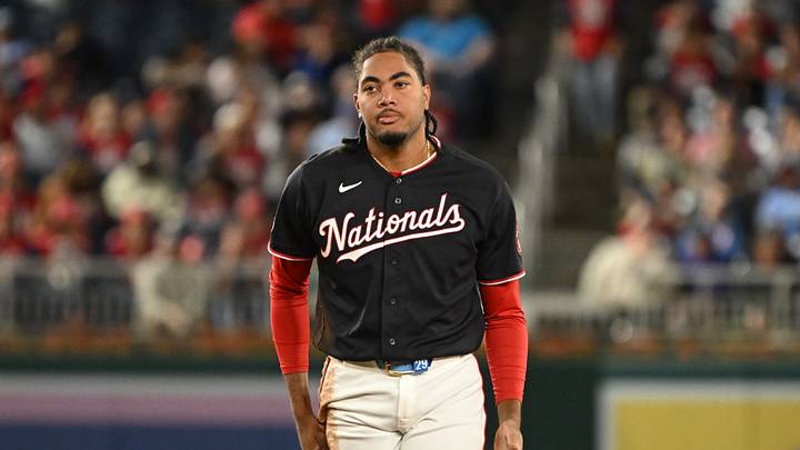 Sep 25, 2026; Washington, District of Columbia, USA;  Washington Nationals right fielder James Wood (29) reacts after being thrown out at second base after a stolen base attempt during the second inning at Nationals Park.  Mandatory Credit: Rafael Suanes-Imagn Images