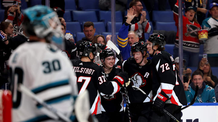 Dec 4, 2022; Buffalo, New York, USA;  Buffalo Sabres right wing Jack Quinn (22) celebrates his goal