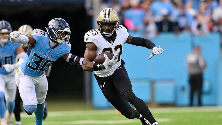 Dec 28, 2025; Nashville, Tennessee, USA; New Orleans Saints tight end Juwan Johnson (83) runs with the ball after a made catch against the Tennessee Titans during the second half at Nissan Stadium. Mandatory Credit: Steve Roberts-Imagn Images Dec 28, 2025; Nashville, Tennessee, USA; New Orleans Saints tight end Juwan Johnson (83) runs with the ball after a made catch against the Tennessee Titans during the second half at Nissan Stadium. Mandatory Credit: Steve Roberts-Imagn Images