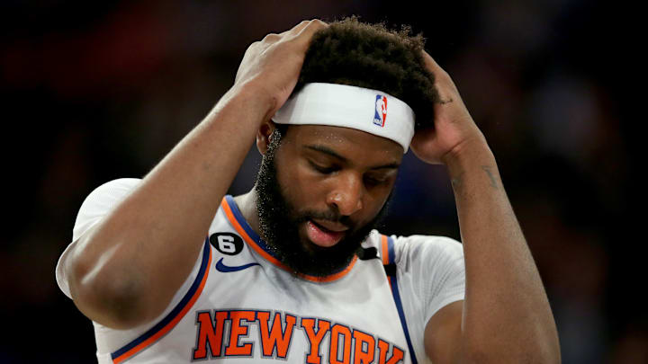 Apr 30, 2023; New York, New York, USA; New York Knicks center Mitchell Robinson (23) reacts during the second quarter of game one of the 2023 NBA Eastern Conference semifinal playoffs against the Miami Heat at Madison Square Garden. Mandatory Credit: Brad Penner-Imagn Images