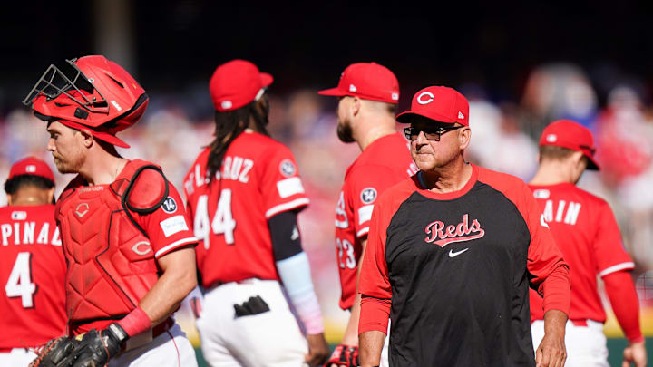 Cincinnati Reds manager Terry Francona (77) walks of the mound after speaking with players in the sixth inning of the MLB National League game between the Cincinnati Reds and Chicago Cubs, Saturday, May 24, 2025, at Great American Ball Park in Downtown Cincinnati. Reds won 6-4. Cincinnati Reds manager Terry Francona (77) walks of the mound after speaking with players in the sixth inning of the MLB National League game between the Cincinnati Reds and Chicago Cubs, Saturday, May 24, 2025, at Great American Ball Park in Downtown Cincinnati. Reds won 6-4.