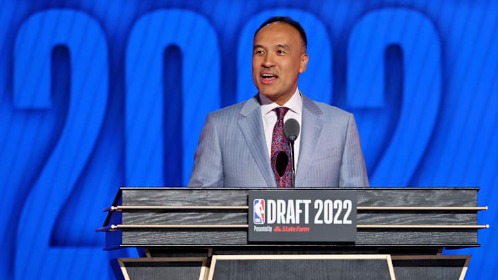 Jun 23, 2022; Brooklyn, NY, USA; NBA deputy commissioner Mark Tatum speaks before the second round Jun 23, 2022; Brooklyn, NY, USA; NBA deputy commissioner Mark Tatum speaks before the second round