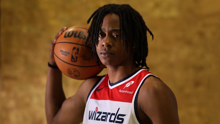 Sep 29, 2025; Washington, DC, USA; Washington Wizards guard Tre Johnson (12) poses for a portrait during Wizards Media Day at CareFirst Arena.  Mandatory Credit: Geoff Burke-Imagn Images