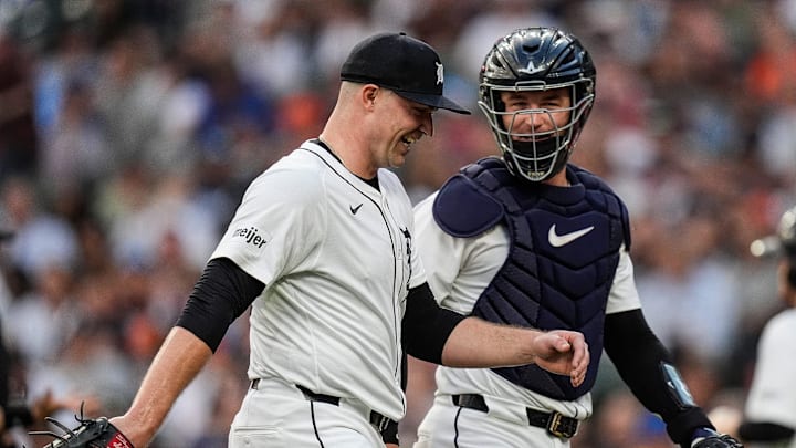 Detroit Tigers pitcher Tarik Skubal (29) talks to catcher Dillon Dingler (13) after pitching the fifth inning against Boston Red Sox at Comerica Park in Detroit on Wednesday, May 14, 2025