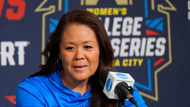 Coach Kelly Inouye-Perez of UCLA interviews during the Women’s College World Series (WCWS) media day at Devon Park in Oklahoma City, Wednesday, May 27, 2026.