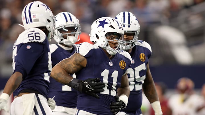 Nov 23, 2023; Arlington, Texas, USA; Dallas Cowboys linebacker Micah Parsons (11) celebrates a sack