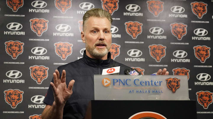 May 10, 2024; Lake Forest, IL, USA; Chicago Bears head coach Matt Eberflus during a press conference before Chicago Bears rookie minicamp at Halas Hall. Mandatory Credit: David Banks-Imagn Images