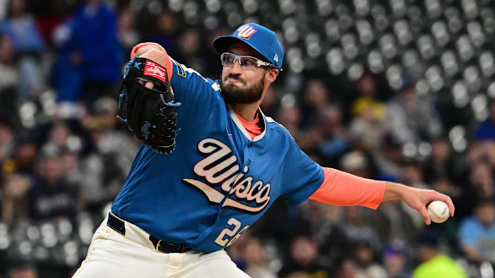 Apr 10, 2026; Milwaukee, Wisconsin, USA;  Milwaukee Brewers pitcher Aaron Ashby (26) warms up in the teams new City Connect uniform before game against the Washington Nationals at American Family Field. Mandatory Credit: Benny Sieu-Imagn Images