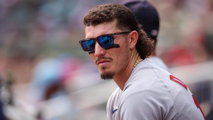 May 31, 2025; Atlanta, Georgia, USA; Boston Red Sox left fielder Jarren Duran (16) in the dugout against the Atlanta Braves in the second inning at Truist Park. Mandatory Credit: Brett Davis-Imagn Images