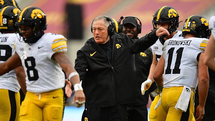 Nov 15, 2025; Los Angeles, California, USA; Iowa Hawkeyes head coach Kirk Ferentz during the first half at the Los Angeles Memorial Coliseum. Mandatory Credit: Gary A. Vasquez-Imagn Images