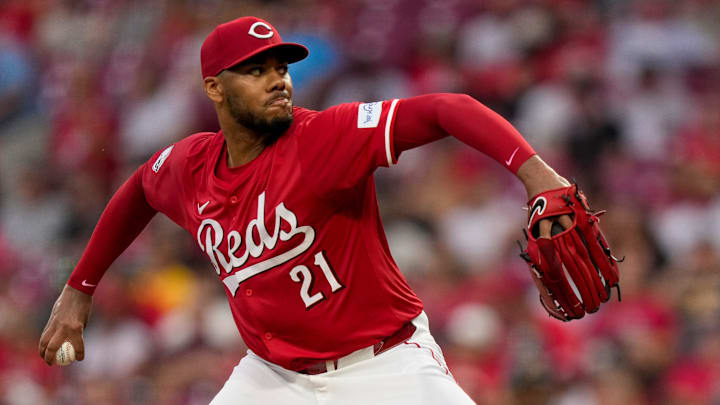 Cincinnati Reds pitcher Hunter Greene (21) throws a pitch in the first inning of the MLB National League game between the Cincinnati Reds and the Pittsburgh Pirates at Great American Ball Park on Tuesday, June 25, 2024. The Pirates won the second game of the series, 9-5.