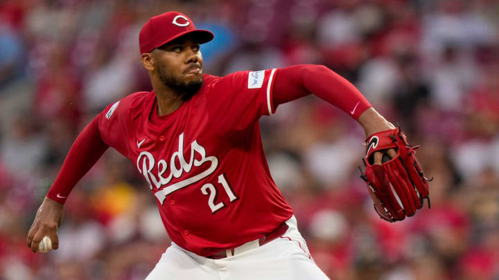 Cincinnati Reds pitcher Hunter Greene (21) throws a pitch in the first inning of the MLB National League game between the Cincinnati Reds and the Pittsburgh Pirates at Great American Ball Park on Tuesday, June 25, 2024. The Pirates won the second game of the series, 9-5.