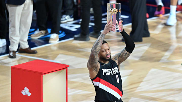 Portland Trail Blazers guard Damian Lillard celebrates after winning the 2026 Three-Point Contest during NBA All-Star Saturday night.