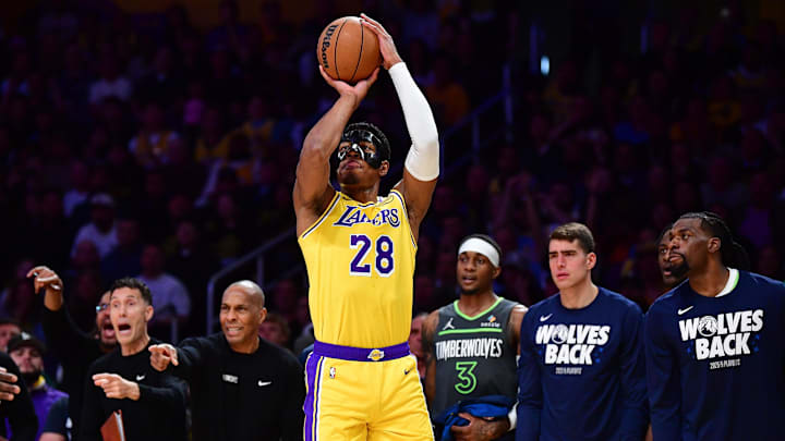 Apr 30, 2025; Los Angeles, California, USA; Los Angeles Lakers forward Rui Hachimura (28) shoots against the Minnesota Timberwolves during the first half in game five of first round for the 2025 NBA Playoffs at Crypto.com Arena. Mandatory Credit: Gary A. Vasquez-Imagn Images
