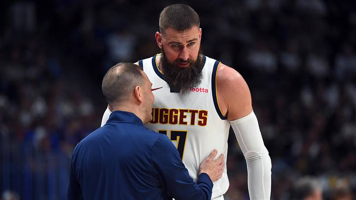 Apr 18, 2026; Denver, Colorado, USA; Denver Nuggets head coach David Adelman talks with center Jonas Valanciunas (17) during a substitution during the first half against the Minnesota Timberwolves in game one of the first round of the 2026 NBA Playoffs at Ball Arena. Mandatory Credit: Christopher Hanewinckel-Imagn Images Apr 18, 2026; Denver, Colorado, USA; Denver Nuggets head coach David Adelman talks with center Jonas Valanciunas (17) during a substitution during the first half against the Minnesota Timberwolves in game one of the first round of the 2026 NBA Playoffs at Ball Arena. Mandatory Credit: Christopher Hanewinckel-Imagn Images
