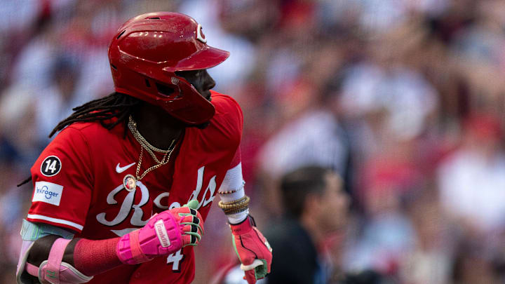 Cincinnati Reds shortstop Elly De La Cruz (44) watches his hit as it bounces out of play for a ruled double in the first inning between Cincinnati Reds and Tampa Bay Rays at Great American Ball Park in Cincinnati on July 26, 2025.