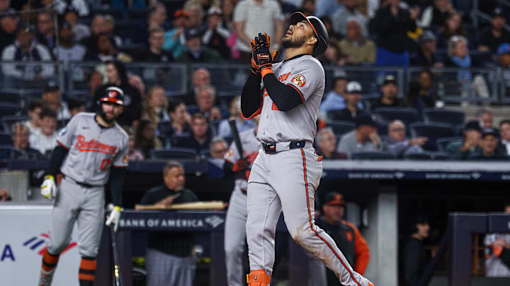 Sep 24, 2024; Bronx, New York, USA; Baltimore Orioles right fielder Anthony Santander (25) celebrates after hitting a solo home run during the sixth inning against the New York Yankees at Yankee Stadium. Mandatory Credit: Vincent Carchietta-Imagn Images Sep 24, 2024; Bronx, New York, USA; Baltimore Orioles right fielder Anthony Santander (25) celebrates after hitting a solo home run during the sixth inning against the New York Yankees at Yankee Stadium. Mandatory Credit: Vincent Carchietta-Imagn Images